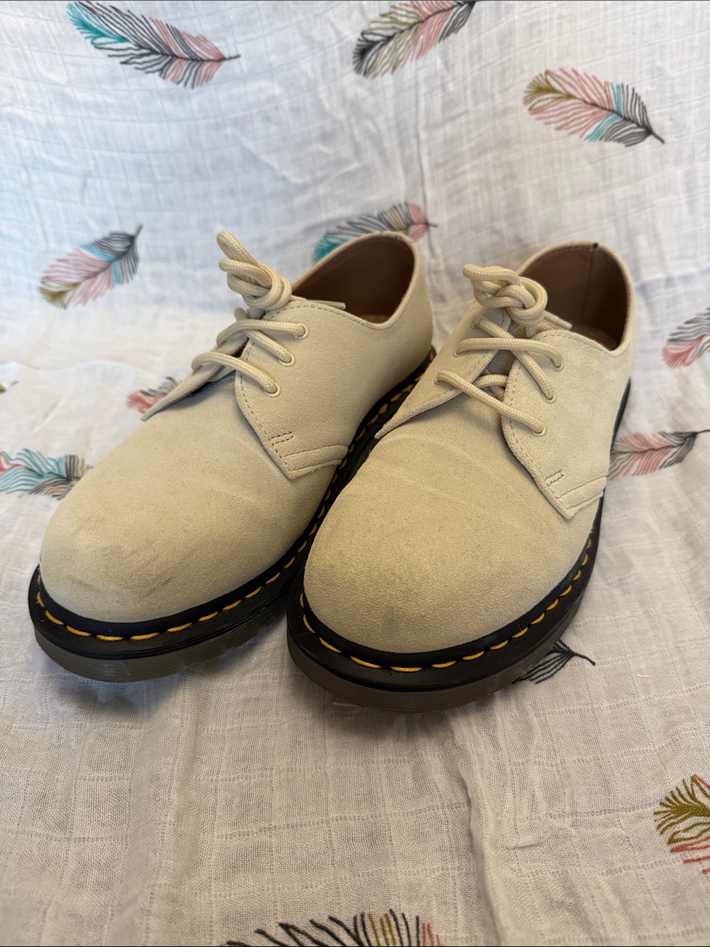 Dr. Martens 1461 Cream Suede Derby Shoes with Contrasting Stitch